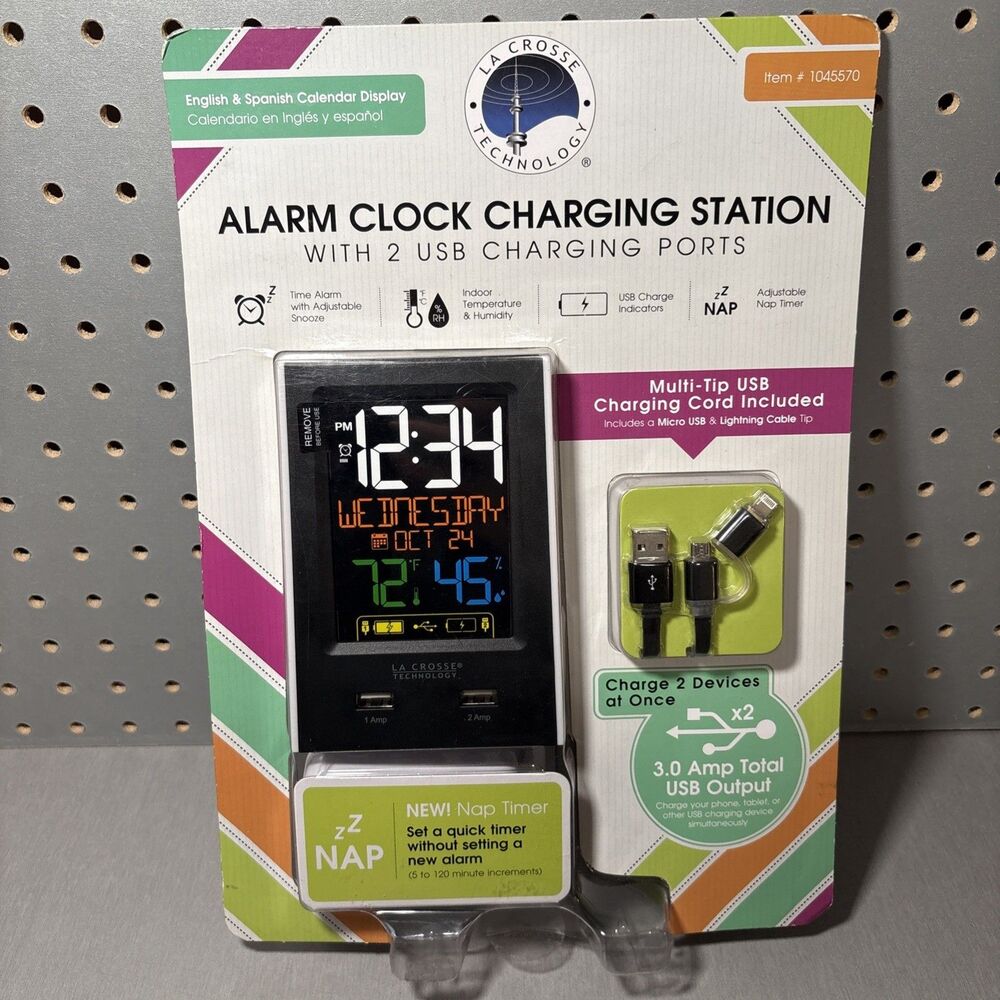 La Crosse Technology Alarm Clock Charging Station With 2 USB Charging Ports NEW